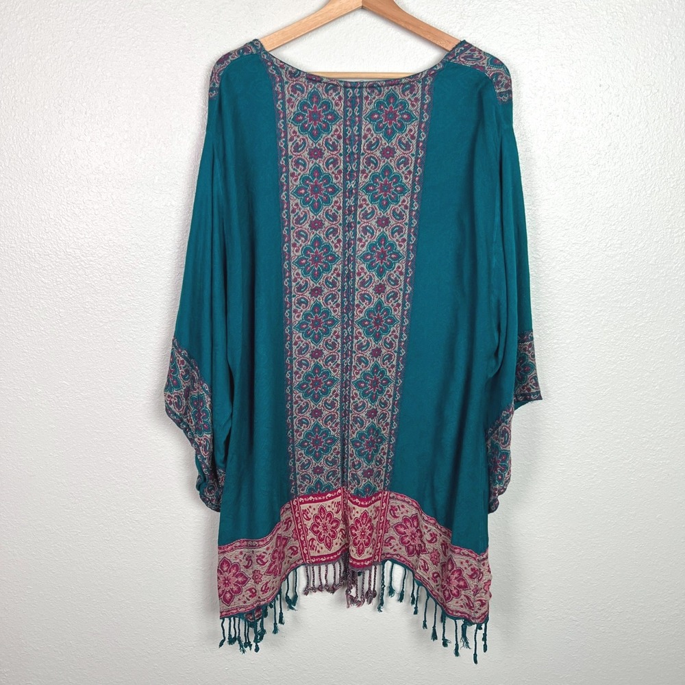 Time for Me Teal Paisley Floral Kimono Cardigan Viscose Womens 2X Boho Festival - Picture 11 of 13